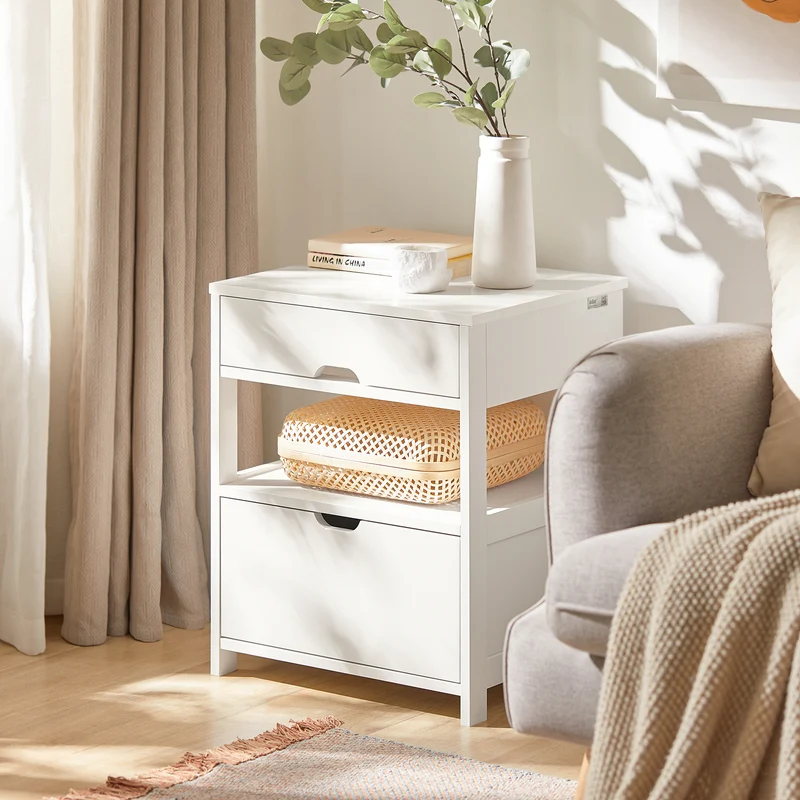 sebuyfr.comG258-W Table de Chevet avec 2 tiroirs et étagère, Table de Nuit pour Chambre à Coucher - Meuble de Rangement Moderne L45 x P38 x H55 cm Blanc