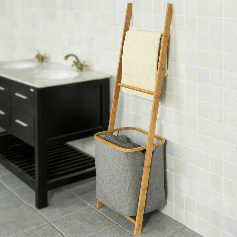 sebuyfr.comG263-N Échelle Porte-Serviettes Support pour Serviettes sans Perçage avec 1 Panier à Linge Amovible et 3 Barres