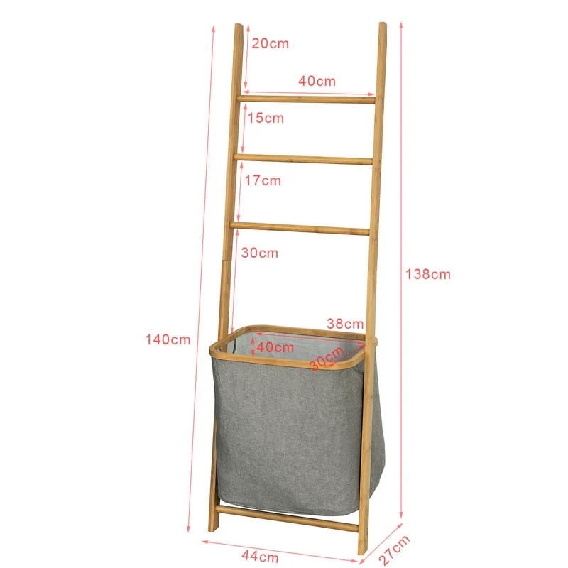 sebuyfr.comG263-N Échelle Porte-Serviettes Support pour Serviettes sans Perçage avec 1 Panier à Linge Amovible et 3 Barres
