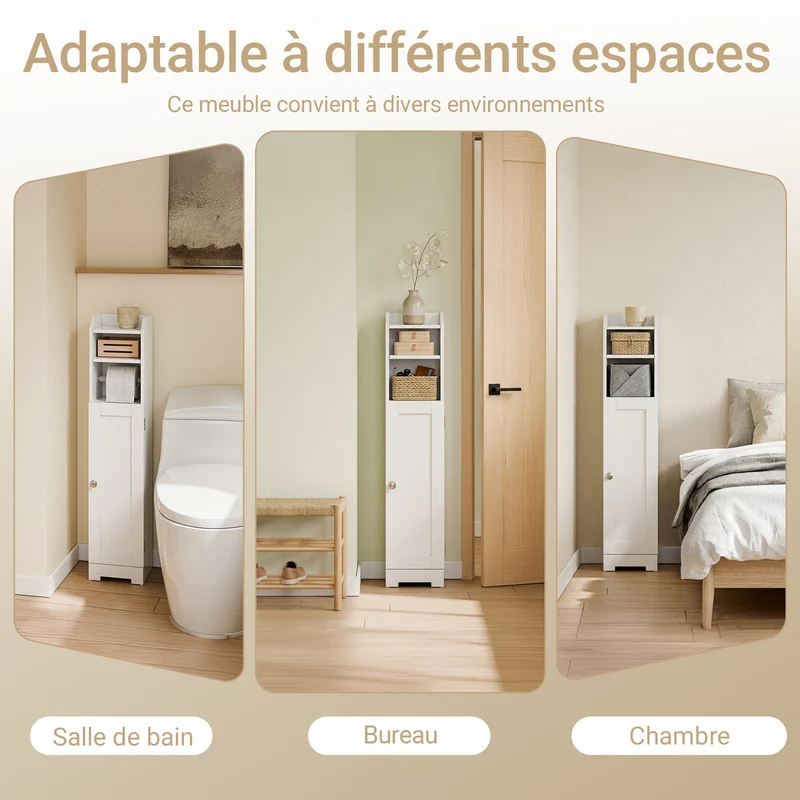 sebuyfr.comG177-II-W Meuble Salle de Bain 20 cm de Largeur sur Pied avec Support Papier et Porte - Petit Meuble WC Rangement Gain de Place Blanc