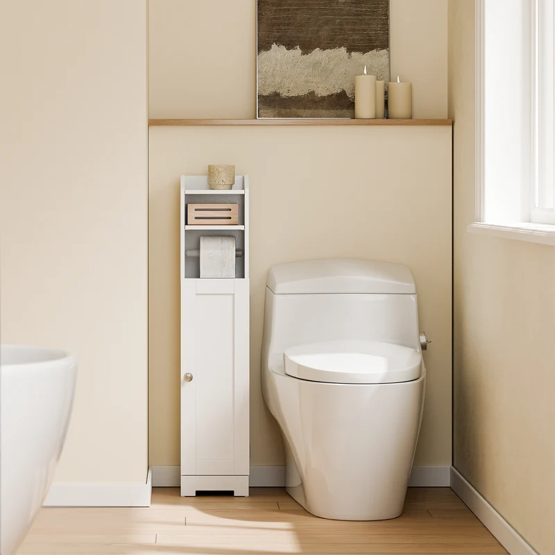 sebuyfr.comG177-II-W Meuble Salle de Bain 20 cm de Largeur sur Pied avec Support Papier et Porte - Petit Meuble WC Rangement Gain de Place Blanc