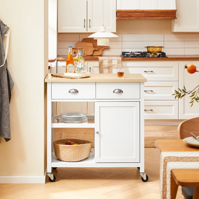 SoBuy FKW62-II-WN Desserte Cuisine avec Roulettes, 2 Tiroirs et 1 Porte, Mobile, pour Cuisine et Salle à Manger, Pratique – L87×P48×H89 cm, Blanc et Naturel