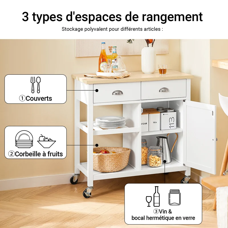 SoBuy FKW62-II-WN Desserte Cuisine avec Roulettes, 2 Tiroirs et 1 Porte, Mobile, pour Cuisine et Salle à Manger, Pratique – L87×P48×H89 cm, Blanc et Naturel