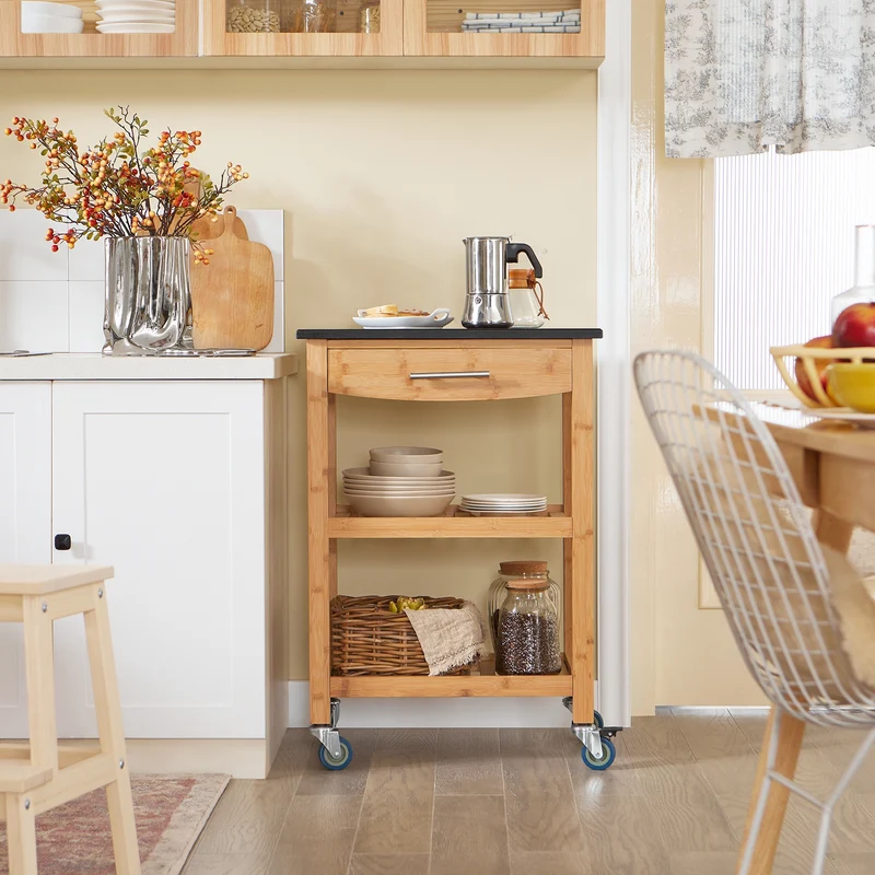 SoBuy FKW28-SCH Desserte Cuisine avec Roulettes et Étagère, Mobile, pour Cuisine et Salle à Manger, Rangement Optimisé, Pratique – L58×P40×H85 cm, Bambou, Noir