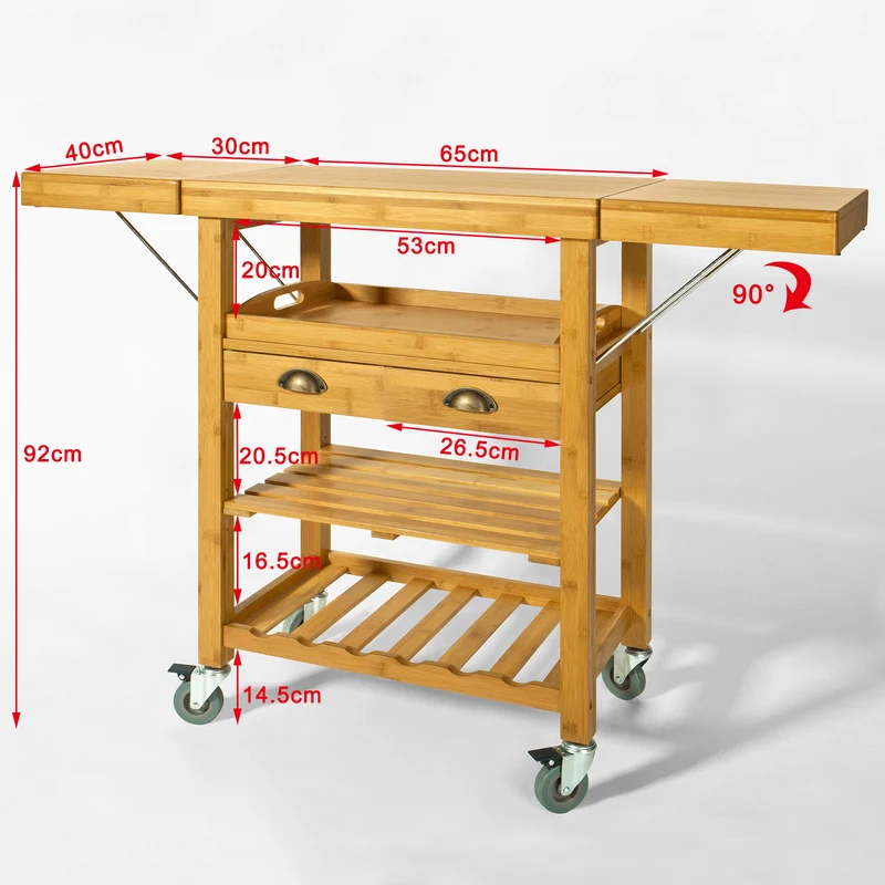 SoBuy FKW25-N Desserte Cuisine avec Roulettes, Plateau Rabattable et Tiroirs, Format Compact, Mobile, Rangement Optimisé – L135×P37×H92 cm, Bambou, Naturel