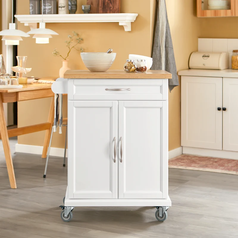 SoBuy FKW13-WN Desserte Cuisine avec Roulettes, Plateau en Bambou, 1 Tiroir et 2 Portes, Mobile, Rangement Optimisé – L66×P45×H91 cm, Bambou, Blanc et Naturel