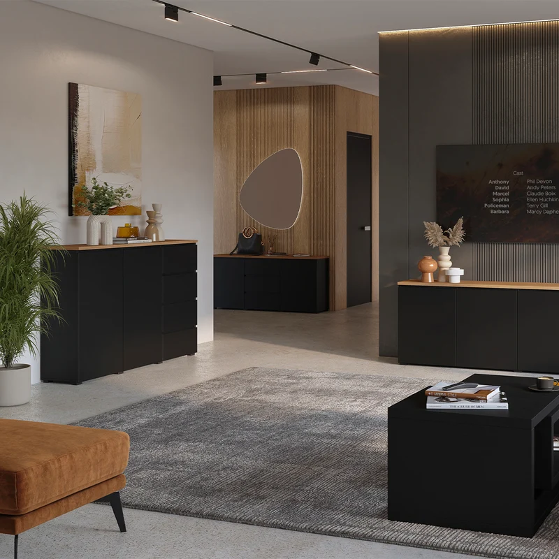 Buffet 2 portes 4 tiroirs Liko Noir et Bois