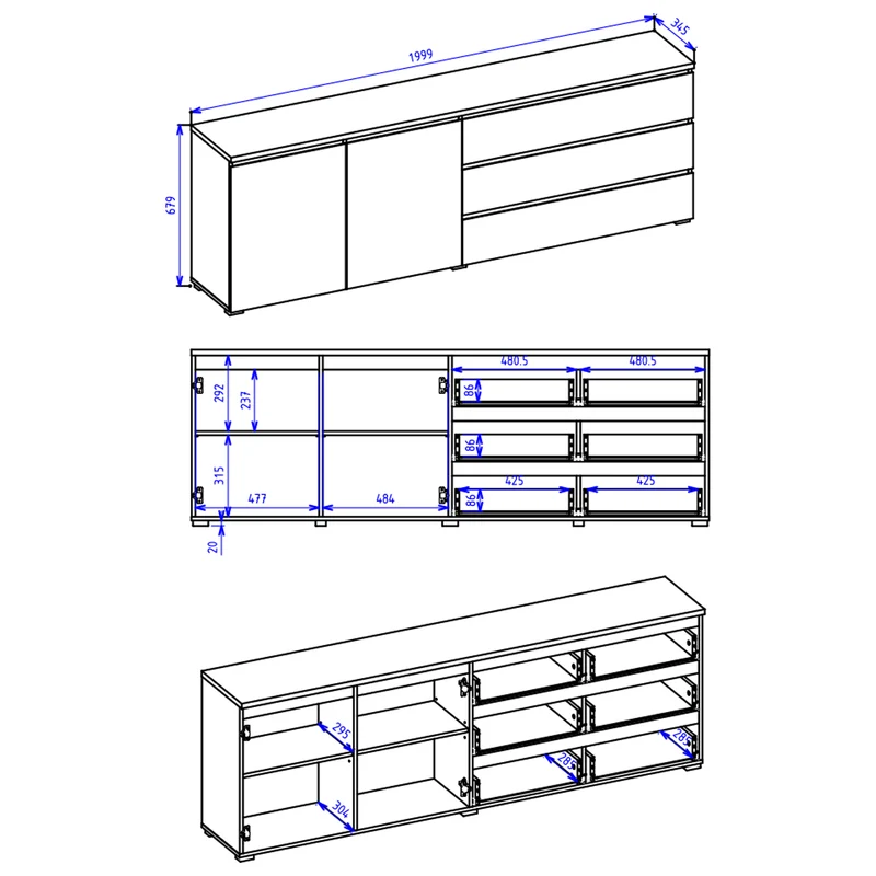 Buffet long 2 portes 3 tiroirs Liko Blanc et Bois
