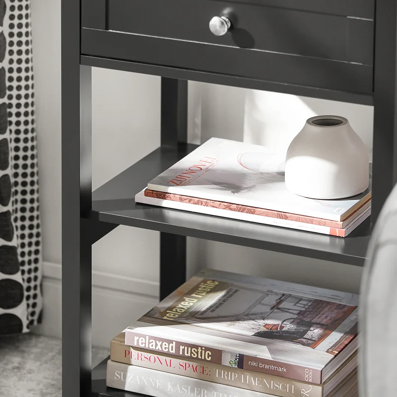 SoBuy FBT46-SCH Table de Chevet avec 1 Tiroir & 2 Étagères, Table d'appoint Moderne, Noir, L45 x P30 x H68cm