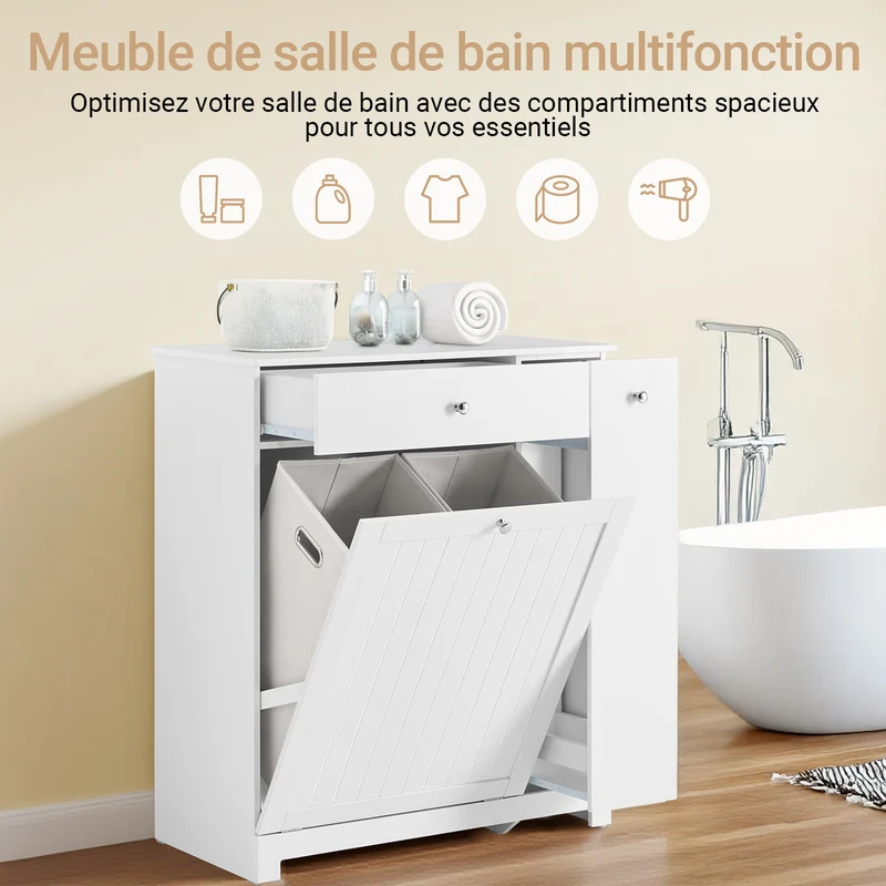 SoBuy BZR214-W Colonne Salle de Bain avec Panier à Linge et 1 Tiroir, pour Salle de Bain et WC, Rangement Optimisé, Design Fonctionnel – L78×P38×H90 cm, Blanc