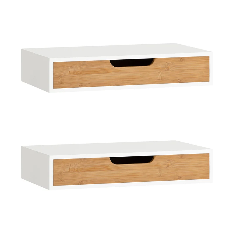 sebuyfr.comG92-WNx2 Lot de 2 Étagères Murales Flottantes avec Tiroir, Étagère Murale Moderne pour Entrée, Salon, Cuisine ou Chambre, Blanc & Nature 40×24×8 cm