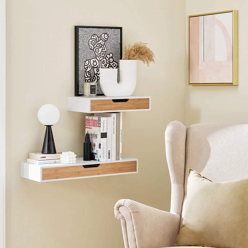 sebuyfr.comG92-WNx2 Lot de 2 Étagères Murales Flottantes avec Tiroir, Étagère Murale Moderne pour Entrée, Salon, Cuisine ou Chambre, Blanc & Nature 40×24×8 cm