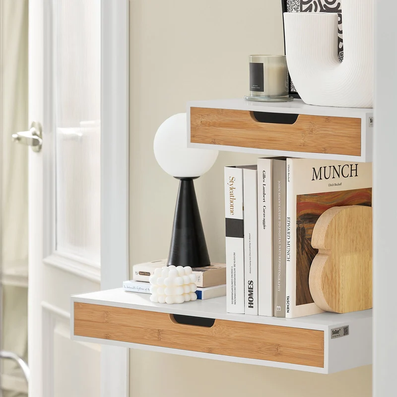 sebuyfr.comG92-WNx2 Lot de 2 Étagères Murales Flottantes avec Tiroir, Étagère Murale Moderne pour Entrée, Salon, Cuisine ou Chambre, Blanc & Nature 40×24×8 cm
