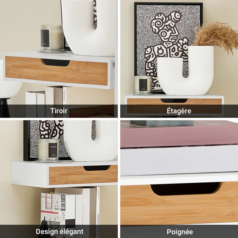 sebuyfr.comG92-WNx2 Lot de 2 Étagères Murales Flottantes avec Tiroir, Étagère Murale Moderne pour Entrée, Salon, Cuisine ou Chambre, Blanc & Nature 40×24×8 cm