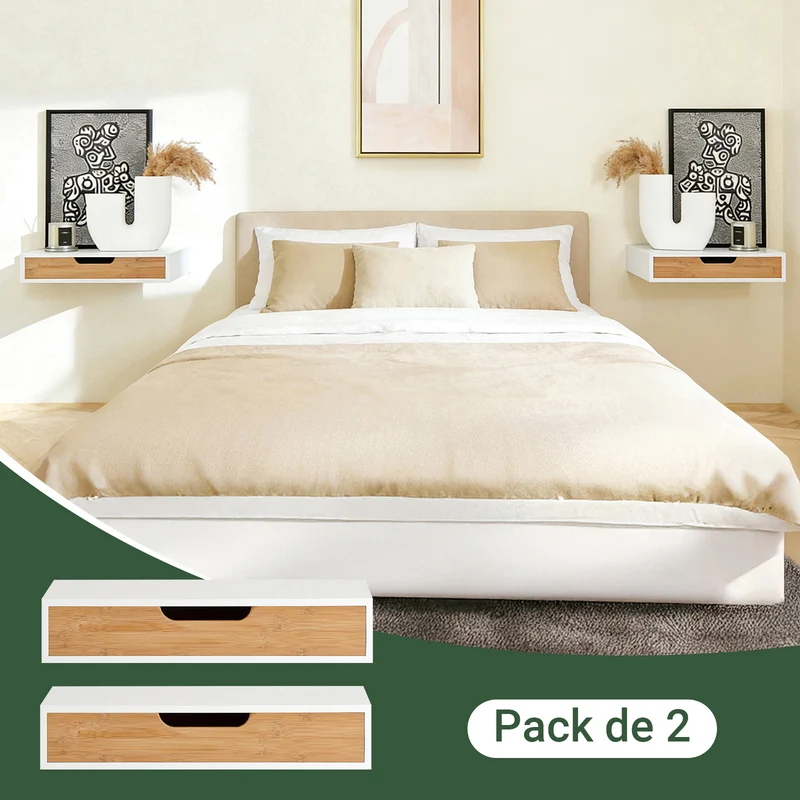 sebuyfr.comG92-WNx2 Lot de 2 Étagères Murales Flottantes avec Tiroir, Étagère Murale Moderne pour Entrée, Salon, Cuisine ou Chambre, Blanc & Nature 40×24×8 cm