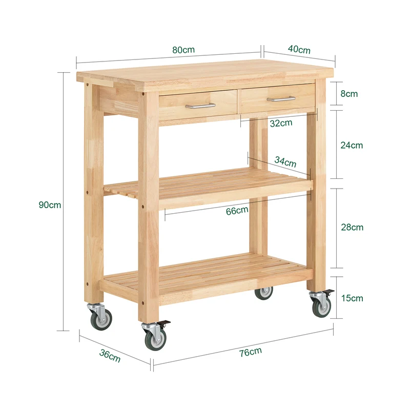 SoBuy FKW24-II-N Desserte de Cuisine sur Roulettes en Bois d'Hévéa – 2 Tiroirs, 2 Étagères, Meuble Cuisine Compact 80×40×90 cm