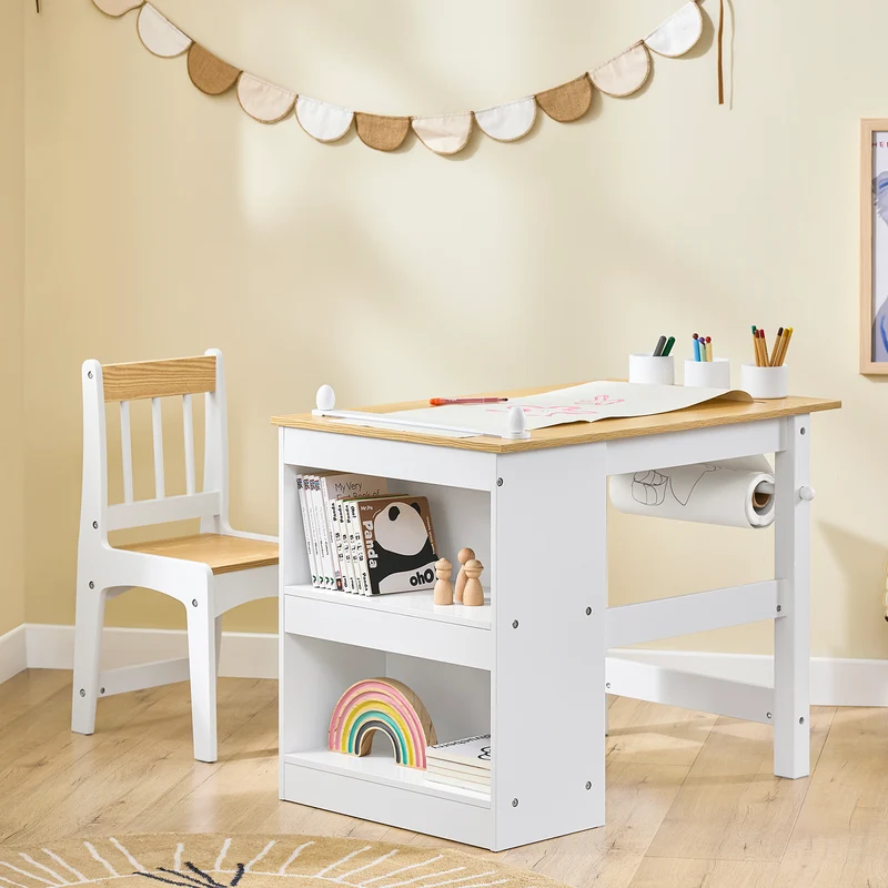 SoBuy KMB60-WN Ensemble Table et Chaise Enfant avec 2 Étagères, Porte-Rouleau et 3 Emplacements Stylos – L80×P50×H66 cm, MDF E1 + Pin, Blanc et Naturel