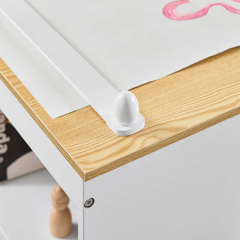 SoBuy KMB60-WN Ensemble Table et Chaise Enfant avec 2 Étagères, Porte-Rouleau et 3 Emplacements Stylos – L80×P50×H66 cm, MDF E1 + Pin, Blanc et Naturel