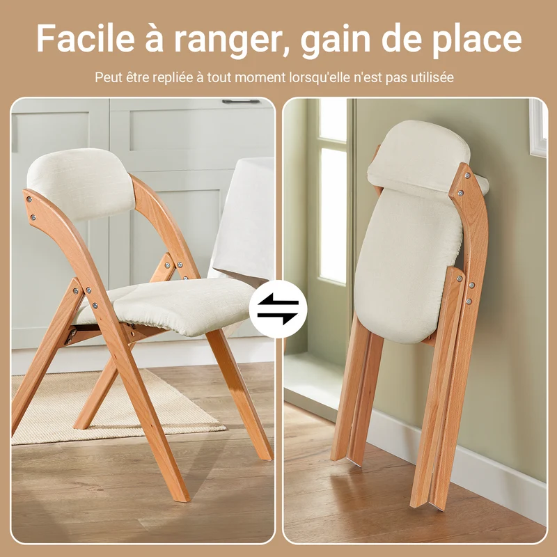 SoBuy FST92-Wx2 Lot de 2 Chaises Pliantes en Bois Massif avec Housse Lavable – Crème
