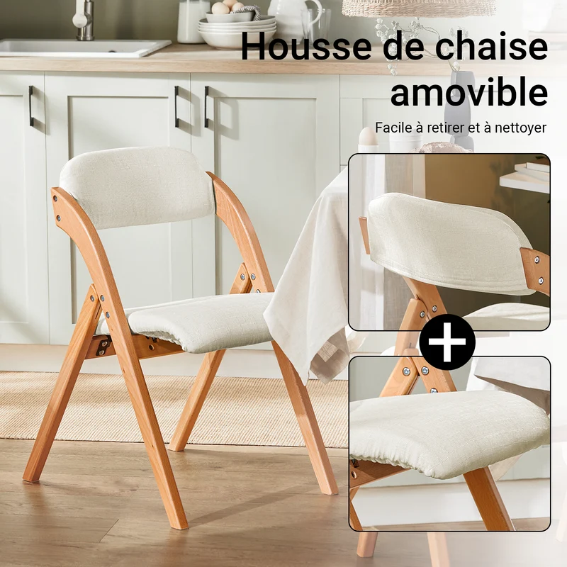 SoBuy FST92-Wx2 Lot de 2 Chaises Pliantes en Bois Massif avec Housse Lavable – Crème