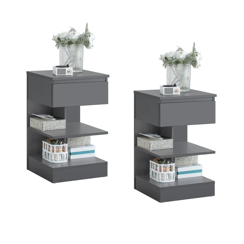 SoBuy FBT49-HGx2 Lot de 2 Table de Chevet - Table de Nuit avec 1 tiroir et 2 étagères, Table d'appoint pour Chambre à Coucher - Meuble de Rangement Moderne L39 x P39 x H65 cm Gris