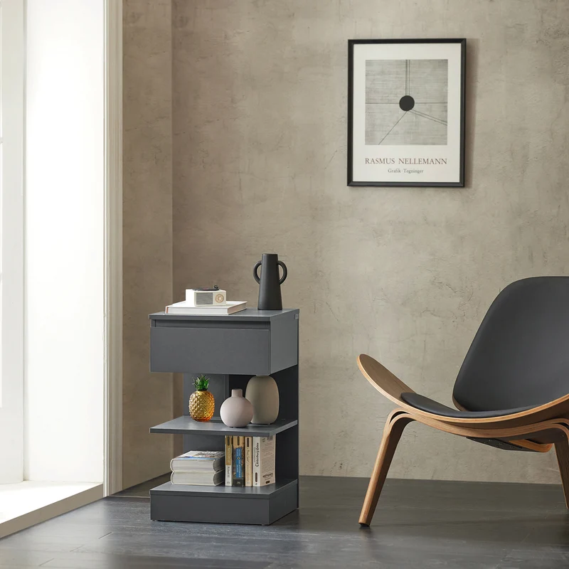 SoBuy FBT49-HGx2 Lot de 2 Table de Chevet - Table de Nuit avec 1 tiroir et 2 étagères, Table d'appoint pour Chambre à Coucher - Meuble de Rangement Moderne L39 x P39 x H65 cm Gris