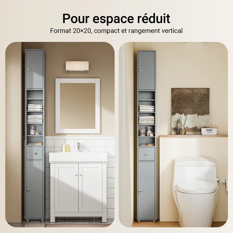 SoBuy BZR34-II-HG Colonne Salle de Bain Ultra-Étroite 20×20×180 cm – Tiroir Central, Étagères Réglables, Gris