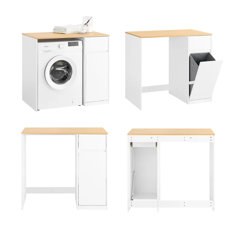 SoBuy BZR217-WN Meuble Salle de Bain avec Panier à Linge, Tiroir, pour Salle de Bain et WC, Rangement Optimisé, Usage Quotidien – L100×P60×H90 cm, Bois, Blanc