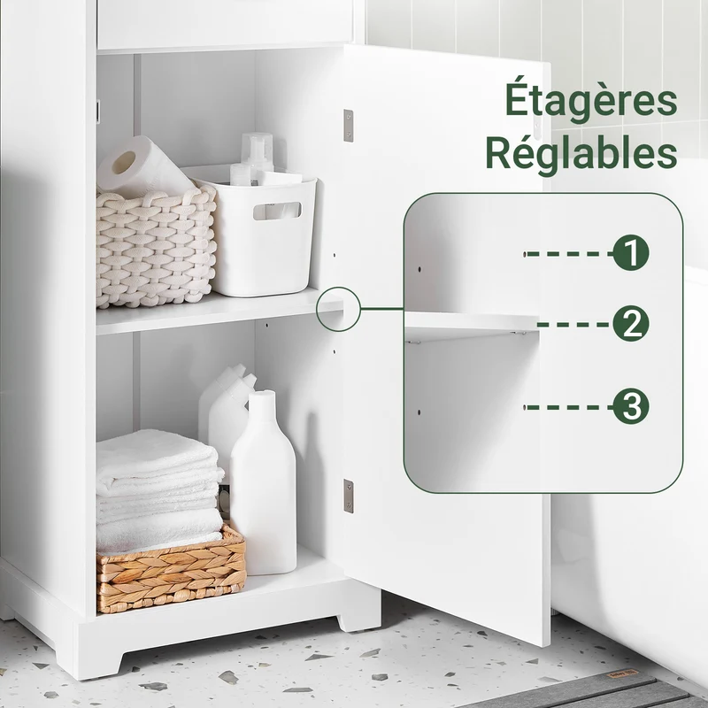SoBuy BZR207-W Colonne de Salle de Bain avec Tiroir, Étagères Réglables et Placard – L42×P30×H93 cm, Charge 37 kg, MDF E1, Blanc