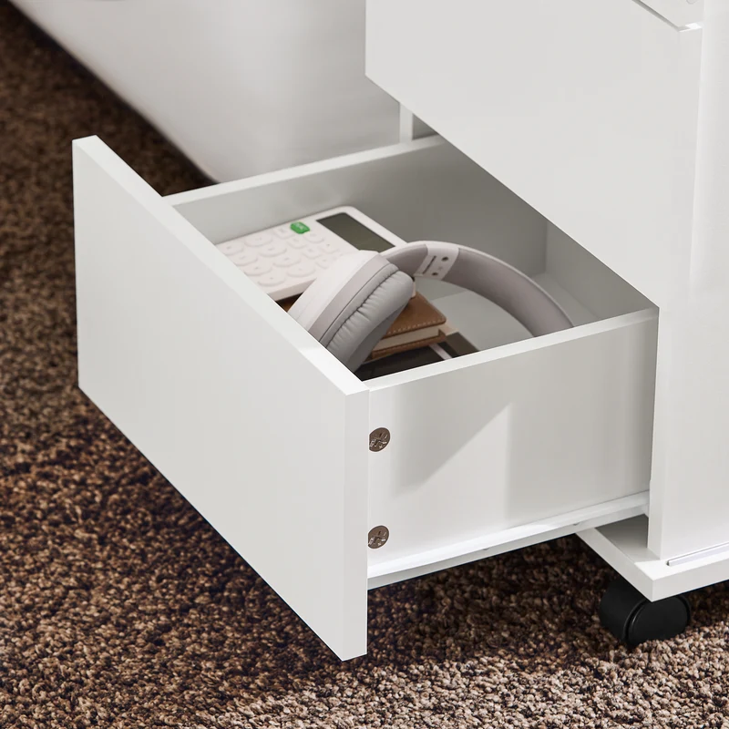 SoBuy FBT141-W Bout de Canapé, Table d'appoint Roulante, Table Basse, Table à Café avec 3 Tiroir, pour Salon, Bureau, Chambre