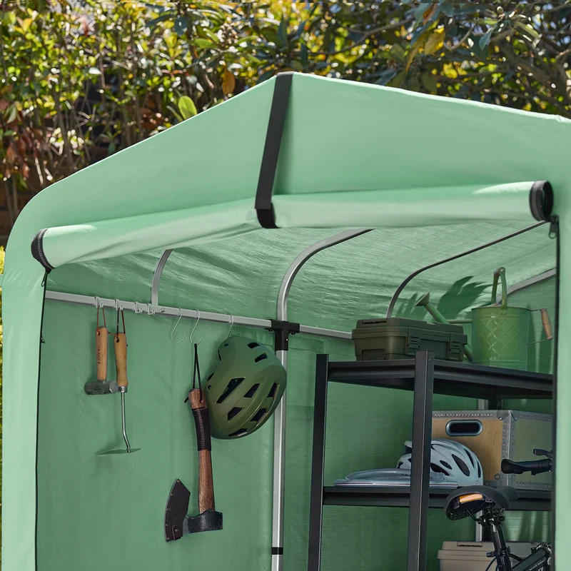 SoBuy KLS11-L-GR Abri de Jardin Imperméable avec Crochets, pour Vélo, Moto et Outils, Résistant à l’Humidité, Rangement Optimisé – L159×P219×H165 cm, Vert