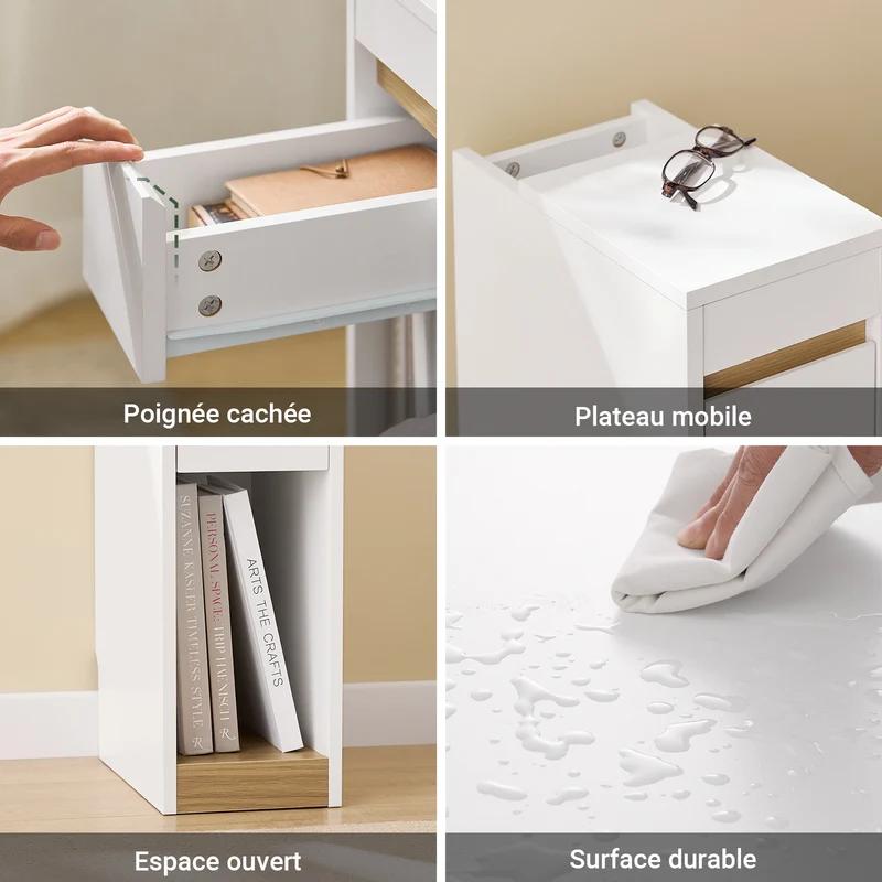 SoBuy FBT163-WN Table de Chevet Slim avec Tiroir, Plateau Amovible et Découpe pour Plinthe – L20×P35×H60 cm, Charge 20 kg, Blanc et Naturel