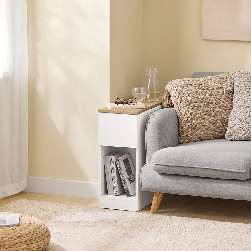 SoBuy FBT162-WN Table d'Appoint Étroite 65×25×60 cm – 1 Compartiment, 2 Tiroirs, Charnières Silencieuses, Blanc et Naturel