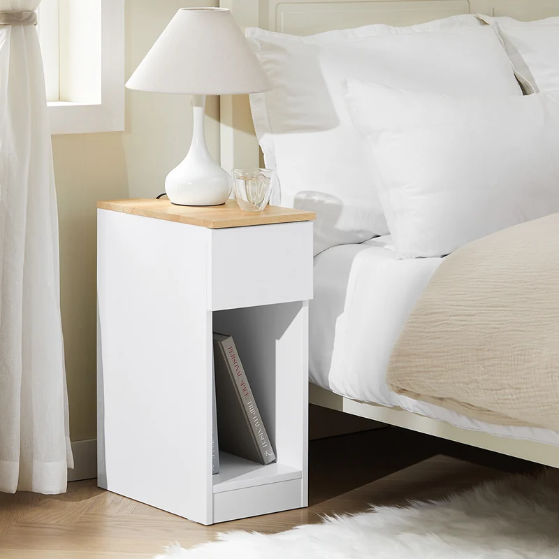 SoBuy FBT111-II-WN Table de Chevet avec Tiroir, Gain de Place, pour Salon et Chambre, Rangement Optimisé, Design Fonctionnel, Compact – L25×P40×H60 cm, Blanc