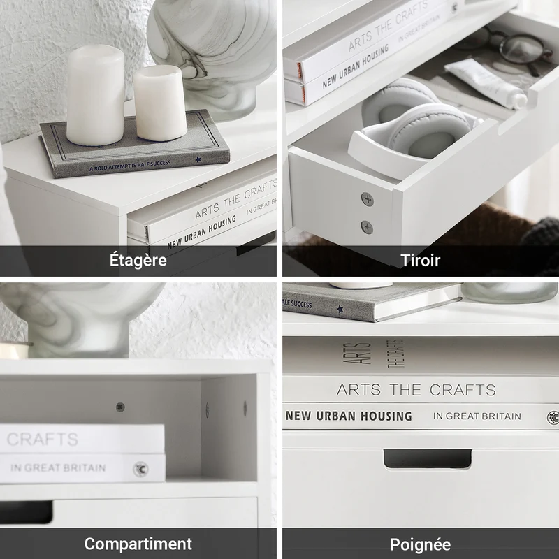 SoBuy NKD03-W Table de Chevet Murale, Table de Nuit Flottante avec Tiroir et Plateau, Étagère Murale pour Chambre à Coucher, L 45 x P 25 x H 22 cm, Blanc