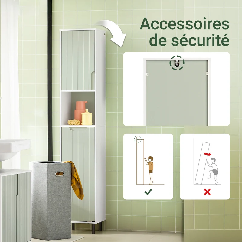 SoBuy BZR137-GR Colonne Salle de Bain Vert et Blanc 167 cm avec Sac à Linge Pliable, Porte, Étagère Réglable et Compartiment Ouvert – Pieds Métal, 30 cm de Profondeur