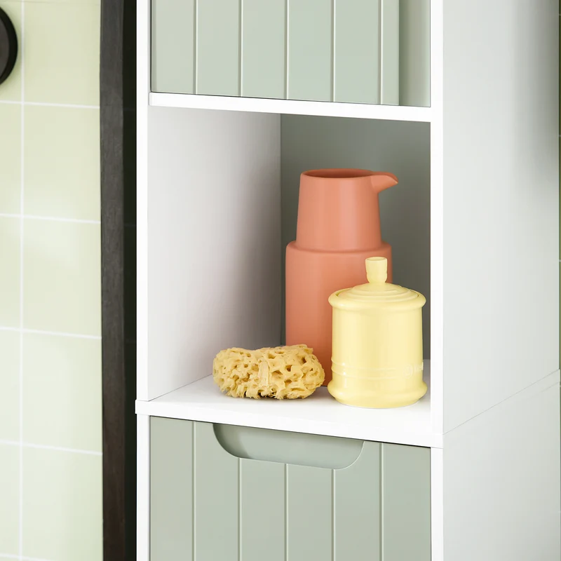 SoBuy BZR137-GR Colonne Salle de Bain Vert et Blanc 167 cm avec Sac à Linge Pliable, Porte, Étagère Réglable et Compartiment Ouvert – Pieds Métal, 30 cm de Profondeur