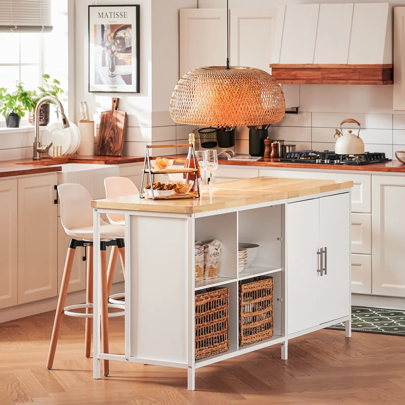 SoBuy KNL09-WN Ìlot Central de Cuisine 3-en-1 – Buffet, Table Bar et Plan de Travail, 170×60×89 cm, Blanc & Bois