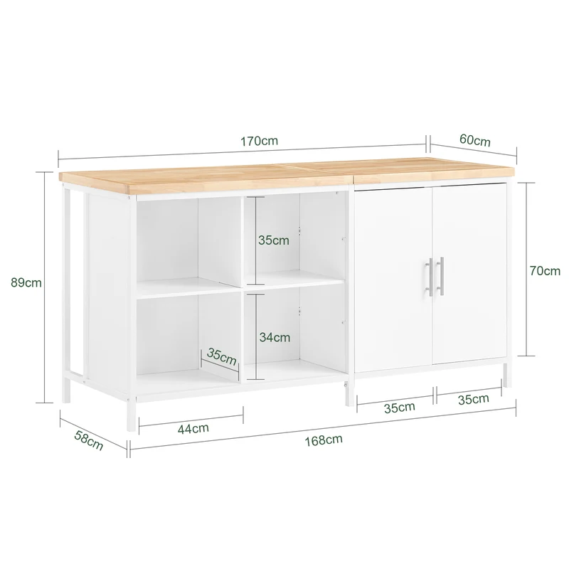 SoBuy KNL09-WN Ìlot Central de Cuisine 3-en-1 – Buffet, Table Bar et Plan de Travail, 170×60×89 cm, Blanc & Bois