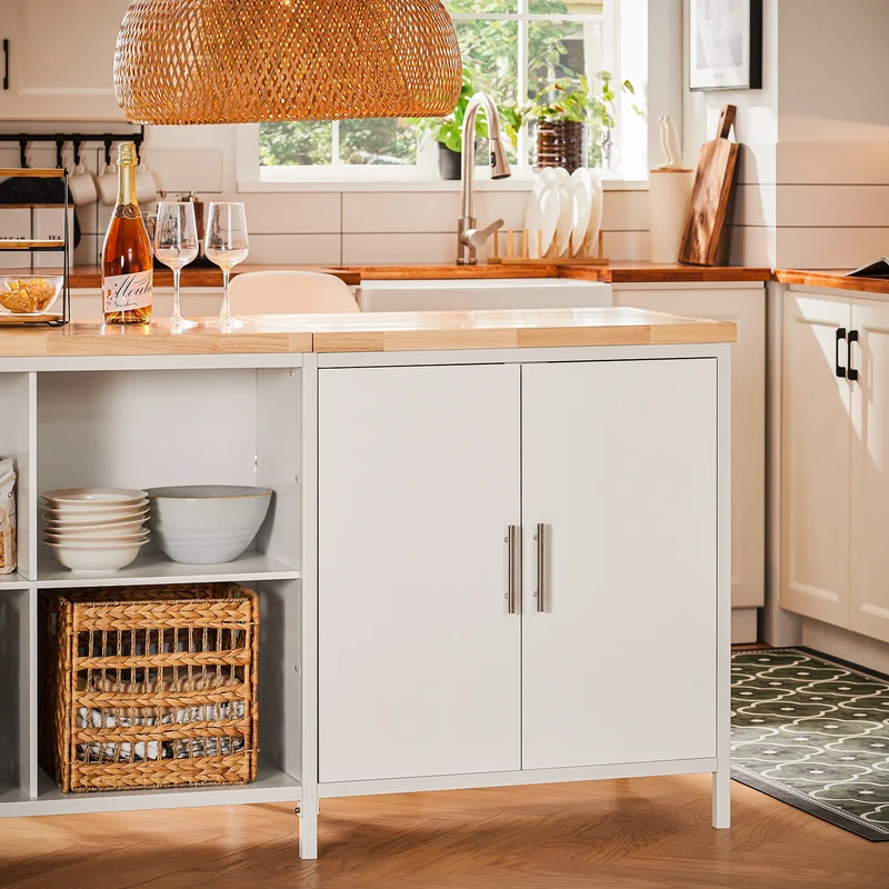 SoBuy KNL09-WN Ìlot Central de Cuisine 3-en-1 – Buffet, Table Bar et Plan de Travail, 170×60×89 cm, Blanc & Bois
