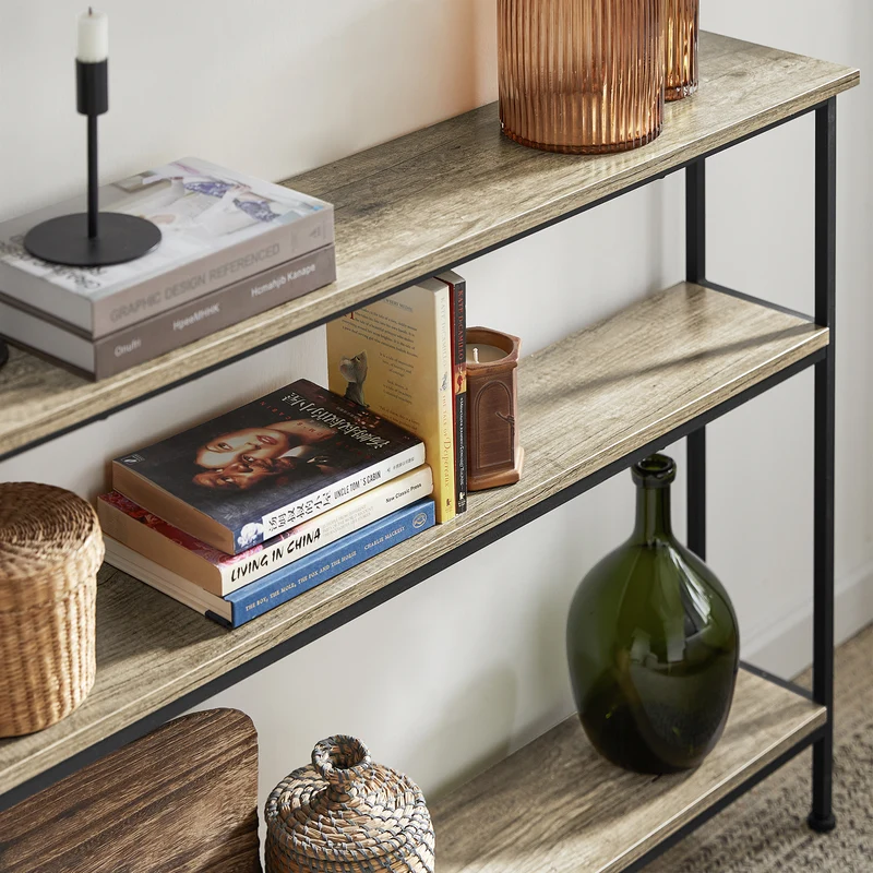 SoBuy FSB49-PZ Table Console Meuble Entrée Couloir avec 3 Étagères de Rangement, Étagères arrière Canapé, Style Industriel pour Salon ou Hall - L120xP20xH77cm, Métal & Bois