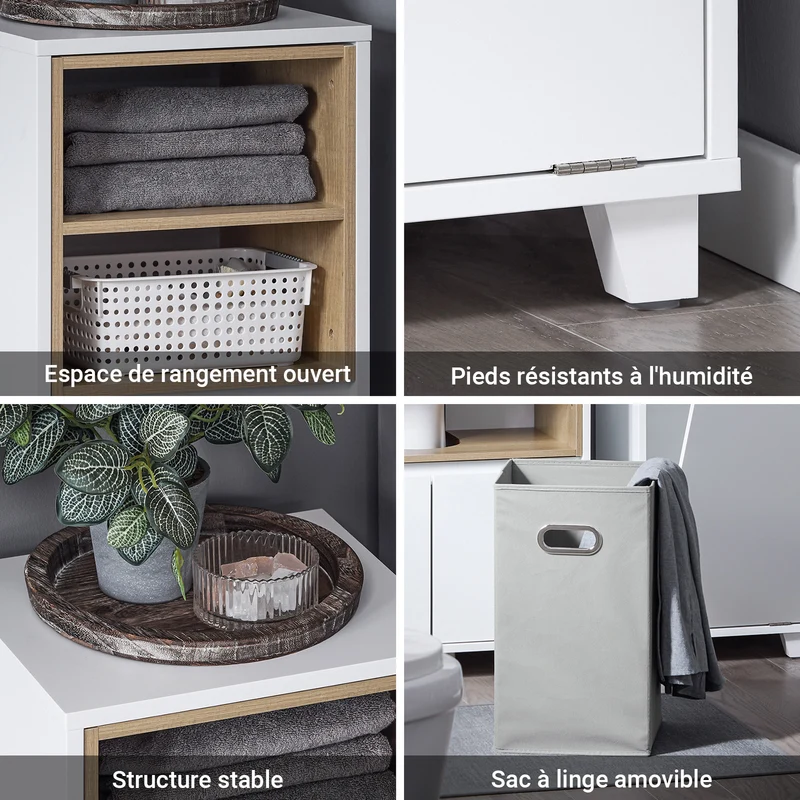 SoBuy BZR146-W Meuble Bas de Salle de Bain, Armoire de Rangement Salle de Bain, Meuble Demi-Colonne sur Pied, Placard WC Étroit avec 1 Panier à Linge, Blanc, 35x30x105cm