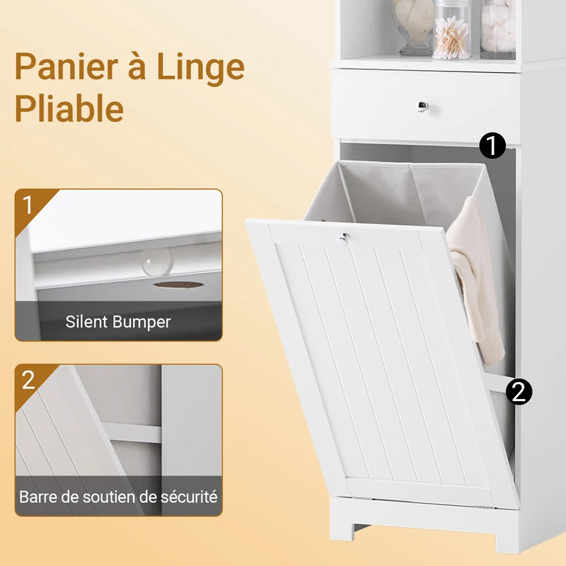 SoBuy BZR216-W Colonne de Salle de Bain avec Panier à Linge 45 L, Tiroir, Étagère Réglable et Porte Réversible – Charge 34 kg – 40×38×180 cm, Blanc