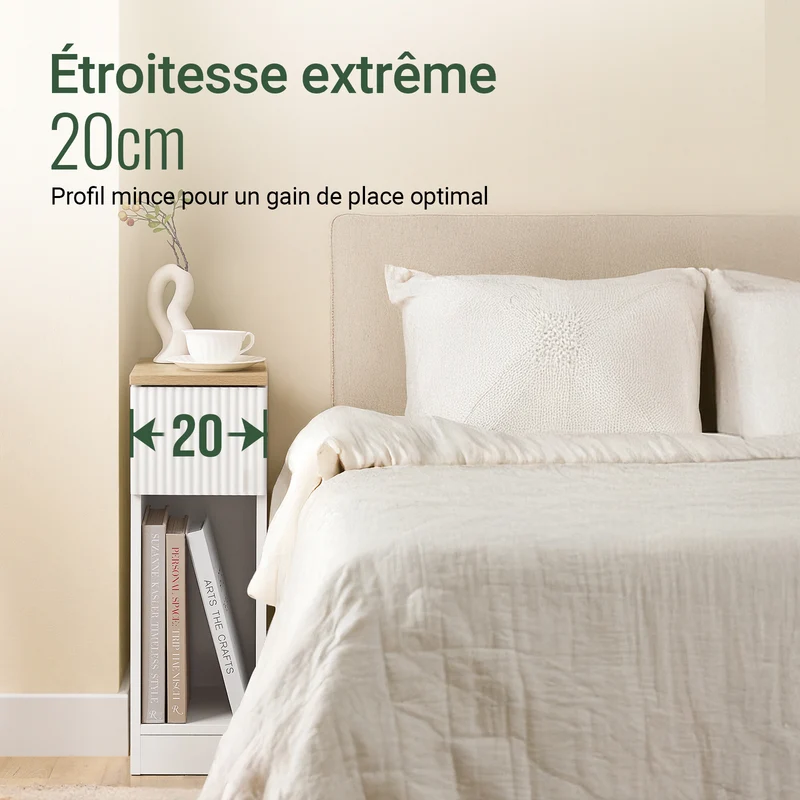 SoBuy FBT111-W Table de chevet étroite 20 cm avec tiroir design et étagère – Table de nuit slim blanche