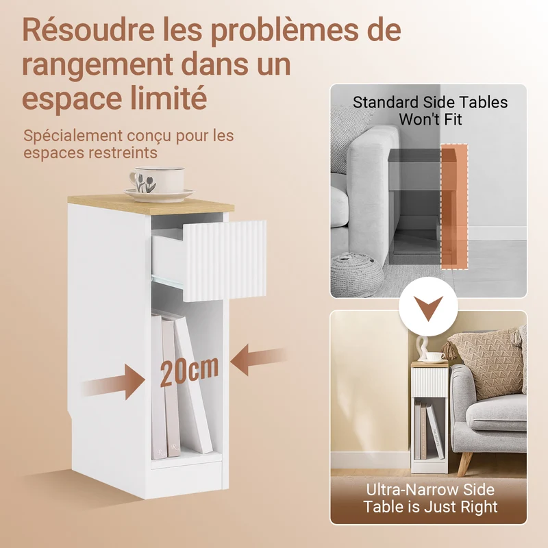 SoBuy FBT111-W Table de chevet étroite 20 cm avec tiroir design et étagère – Table de nuit slim blanche