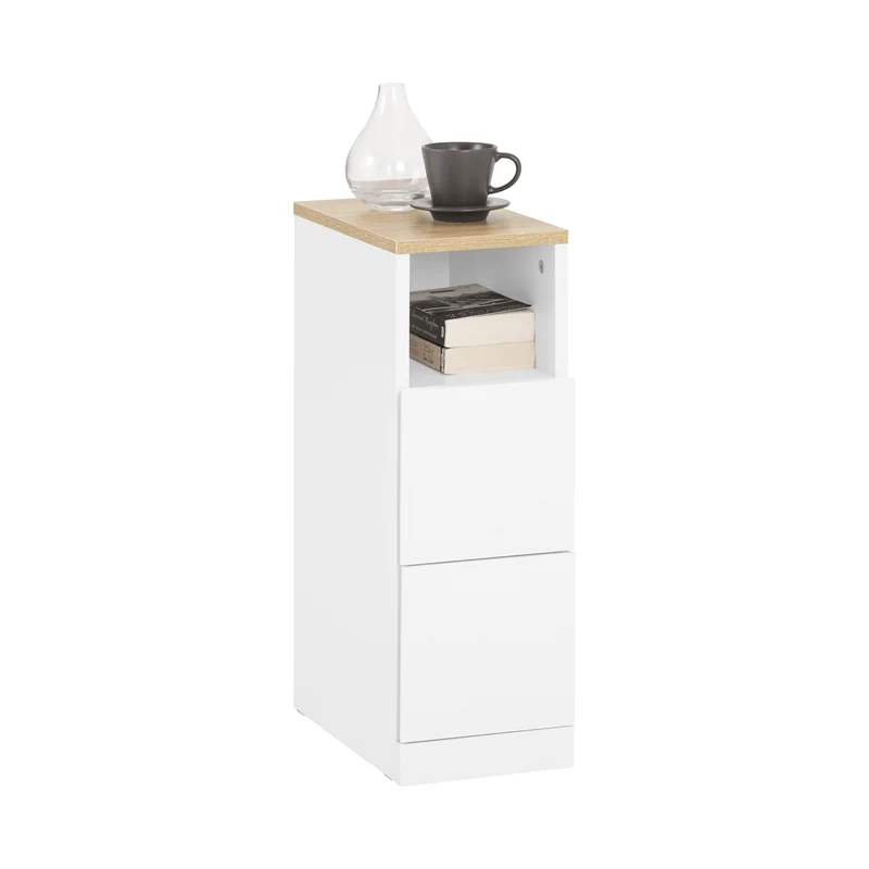 SoBuy FBT149-WN Table de Chevet Étroit 20 cm, 2 Tiroirs et Étagère – Table de Nuit Slim Gain de Place, Blanc Naturel