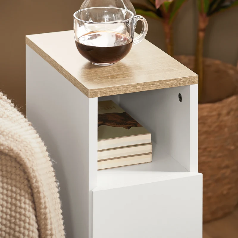 SoBuy FBT149-WN Table de Chevet Étroit 20 cm, 2 Tiroirs et Étagère – Table de Nuit Slim Gain de Place, Blanc Naturel