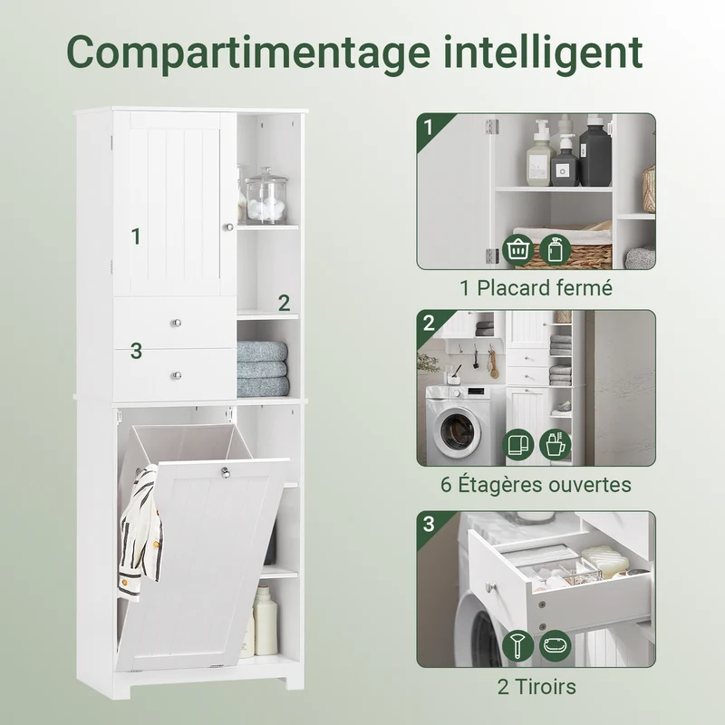 SoBuy BZR104-W Colonne Salle de Bain avec Panier à Linge Intégré – 6 Étagères Réglables, 2 Tiroirs, Gain de Place 171 cm, Blanc