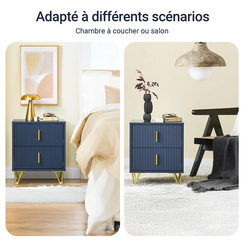 SoBuy FBT115-B Table de Chevet avec 2 Tiroirs, MDF Laqué Bleu et Pieds Métal Doré – L40×P40×H47 cm, Charge 25 kg, Style Moderne