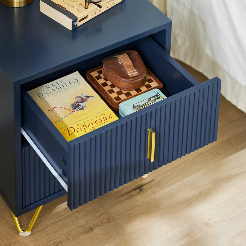 SoBuy FBT115-B Table de Chevet avec 2 Tiroirs, MDF Laqué Bleu et Pieds Métal Doré – L40×P40×H47 cm, Charge 25 kg, Style Moderne